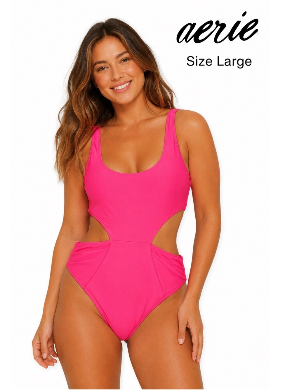 AERIE Neon Pink Cut Out One Piece Swimsuit Size Large